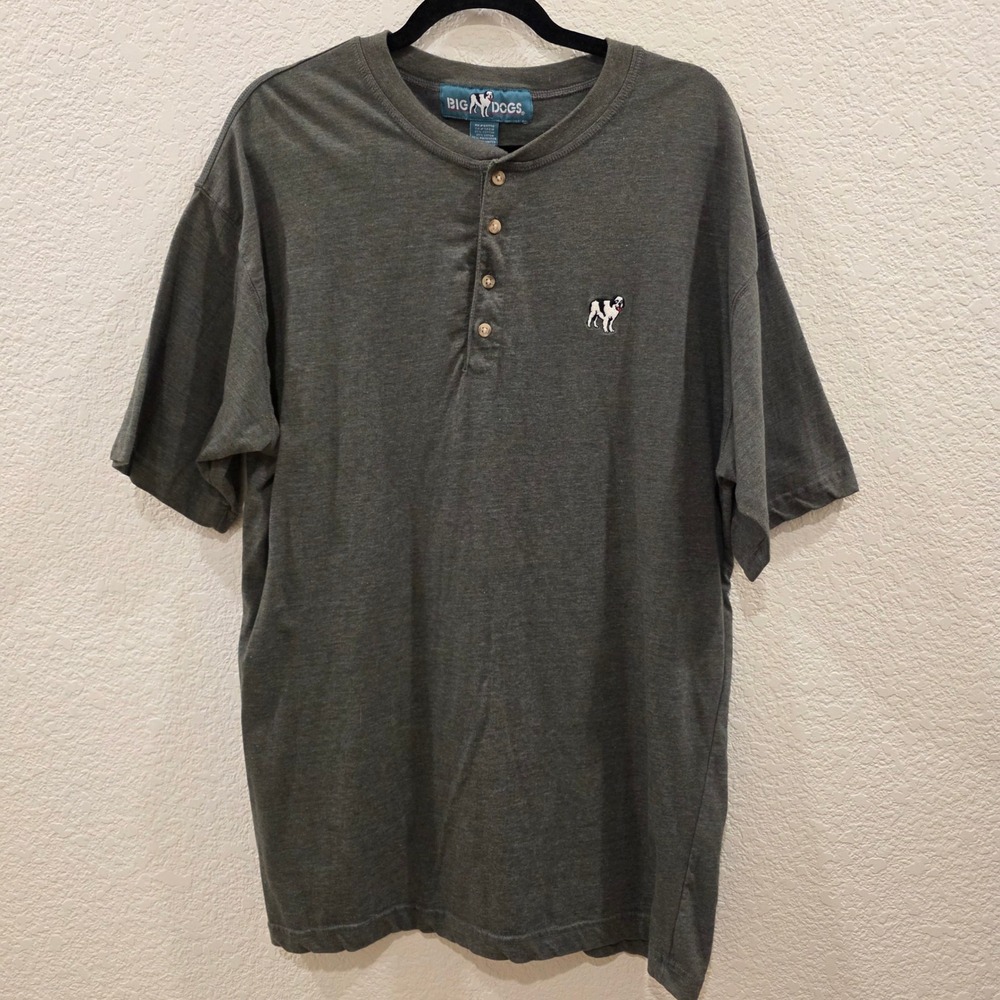 Big Dogs Mens XL Henley Shirt Gray Green Short Sleeve Embroidered Logo 90s Y2K